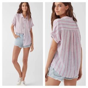 Splendid Button-Up Striped Short Sleeve Collared Pink White Top Size S NWT